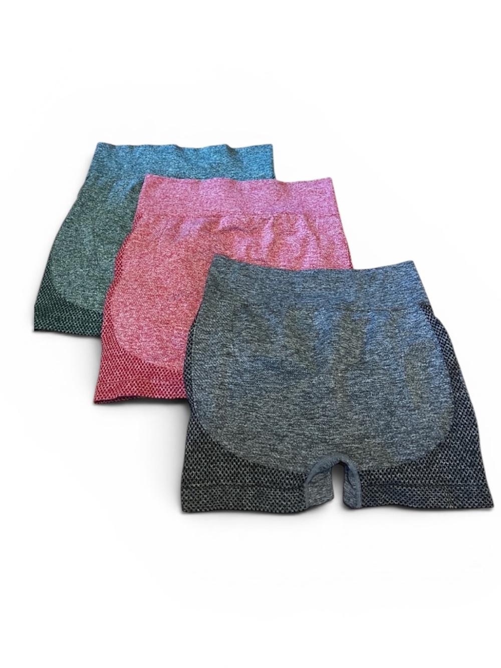 Seamless Heathered workout shorts, butt scrunch, Set of 3 (Gray, Pink, Teal)